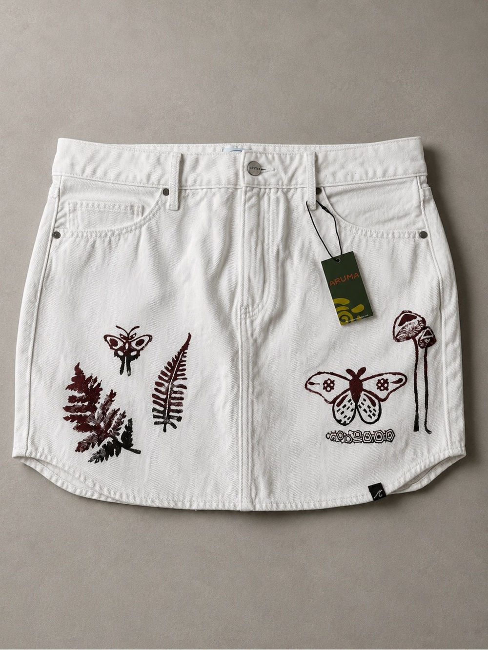 White  Denim Mini Skirt with Burgundy Nature Motifs size M